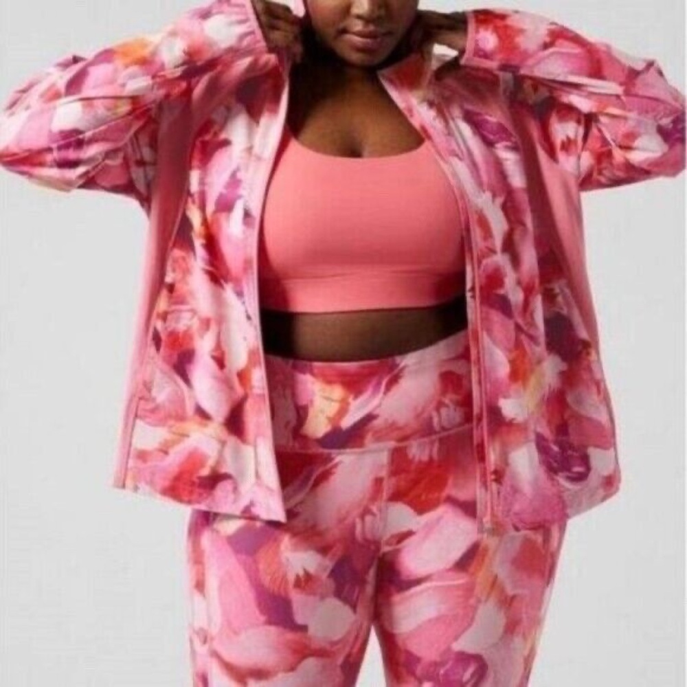 Athleta Run With It Pink Floral Painted Energy Zip Up Jacket